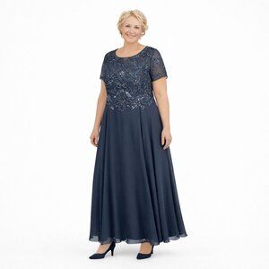 New Xscape Xscape 18 Short Sleeve Chiffon Formal Navy Gown, Mother of the Bride